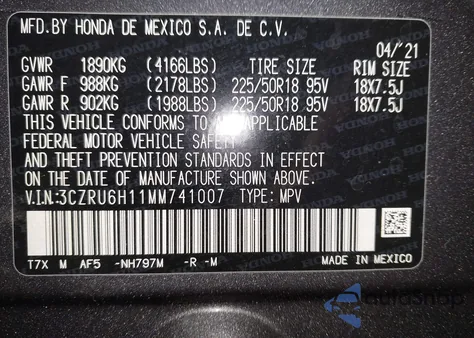 2021 Honda Hr-V Awd Sport from USA, damaged, VIN 3CZRU6H11MM741007